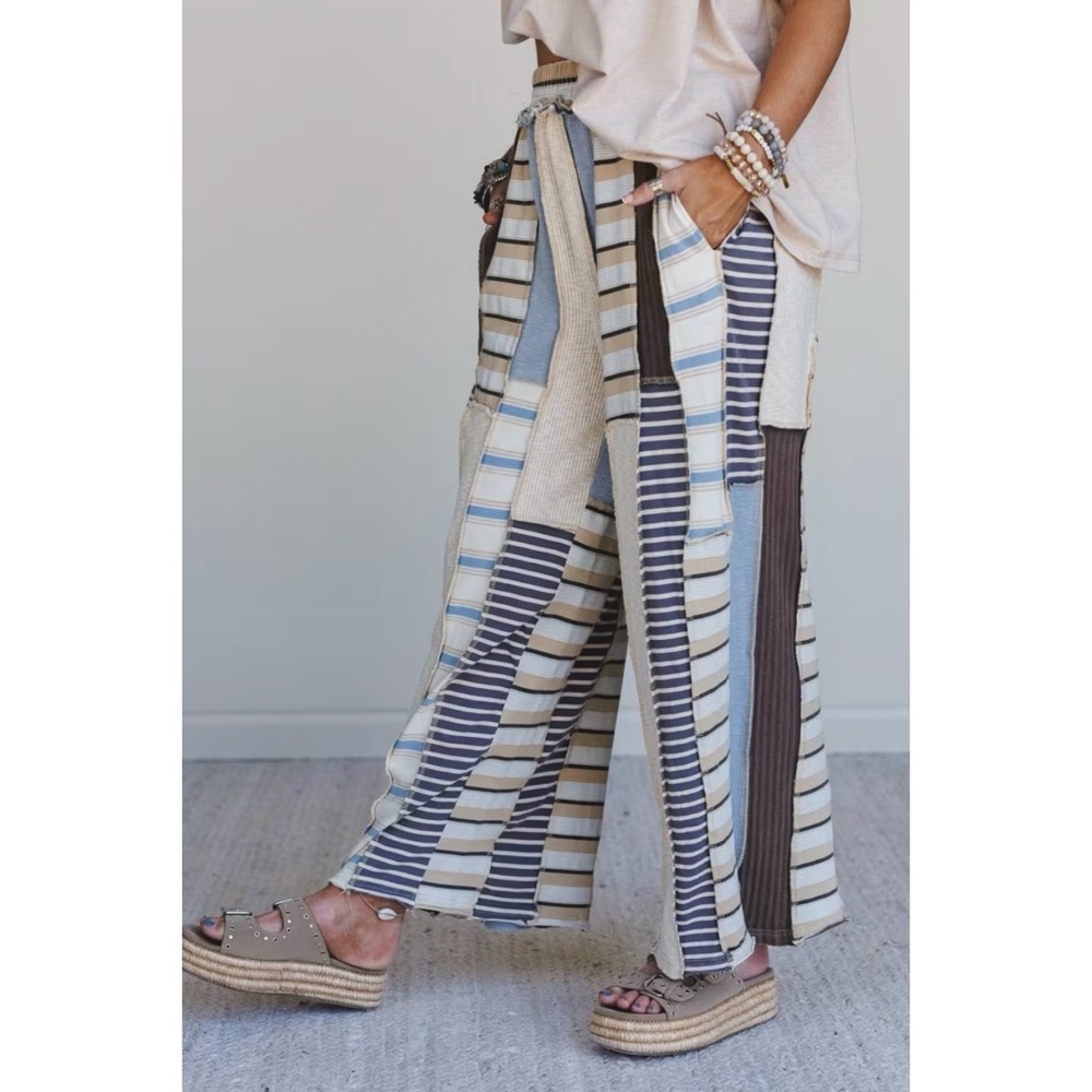 Oli & Hali Cream Blue Multicolor Striped Pants - Picture 4 of 10
